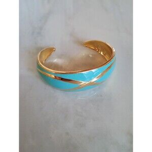 Vtg Avon 1980s Gold-tone & Turquoise Enamel Cuff Bracelet Retro Wide Bracelet